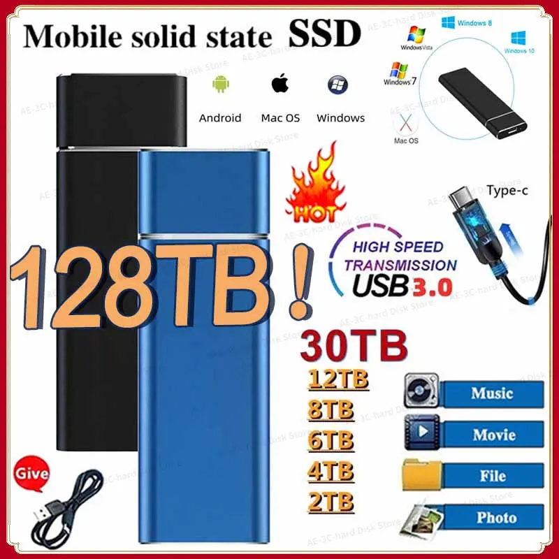 

Внешний твердотельный диск 128 ТБ, жесткий диск высокой емкости, портативный 500 Гб SSD, жесткий диск, устройство для хранения для компьютера/ноутбука Type-C