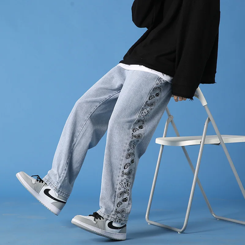 Men's Jeans New Fashion Cashew Flower Jeans Hong Kong Wind Trend Stitching Wide-leg Straight-leg Pants Streetwear Мужские джинсы