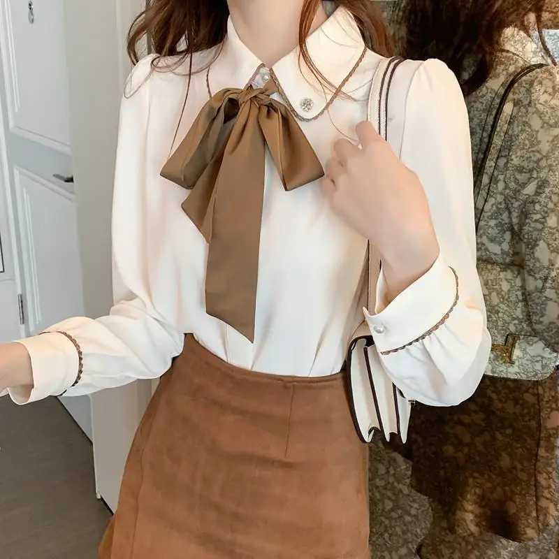 Autumn Lace Up Womens Tops Blouses 2022 3XL Spring Casual Chiffon Blouse Solid Shirt Bow Long Sleeve Fashion Blusas Mujer