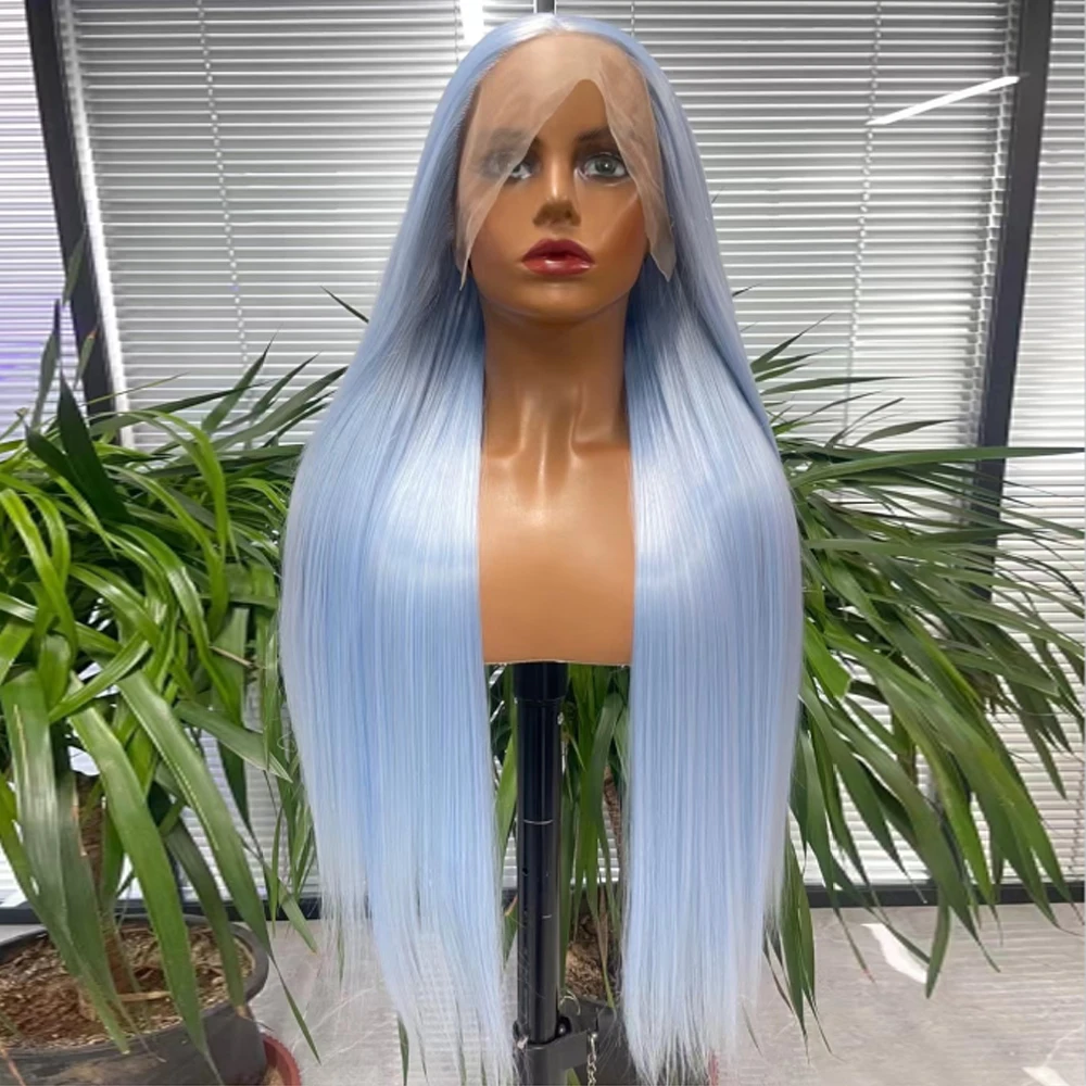 

Synthetic Lace Front Wigs For Women Long Straight Grey-Blue Color Hair Natural Hairline High Temperature Fiber Daily/Cosplay