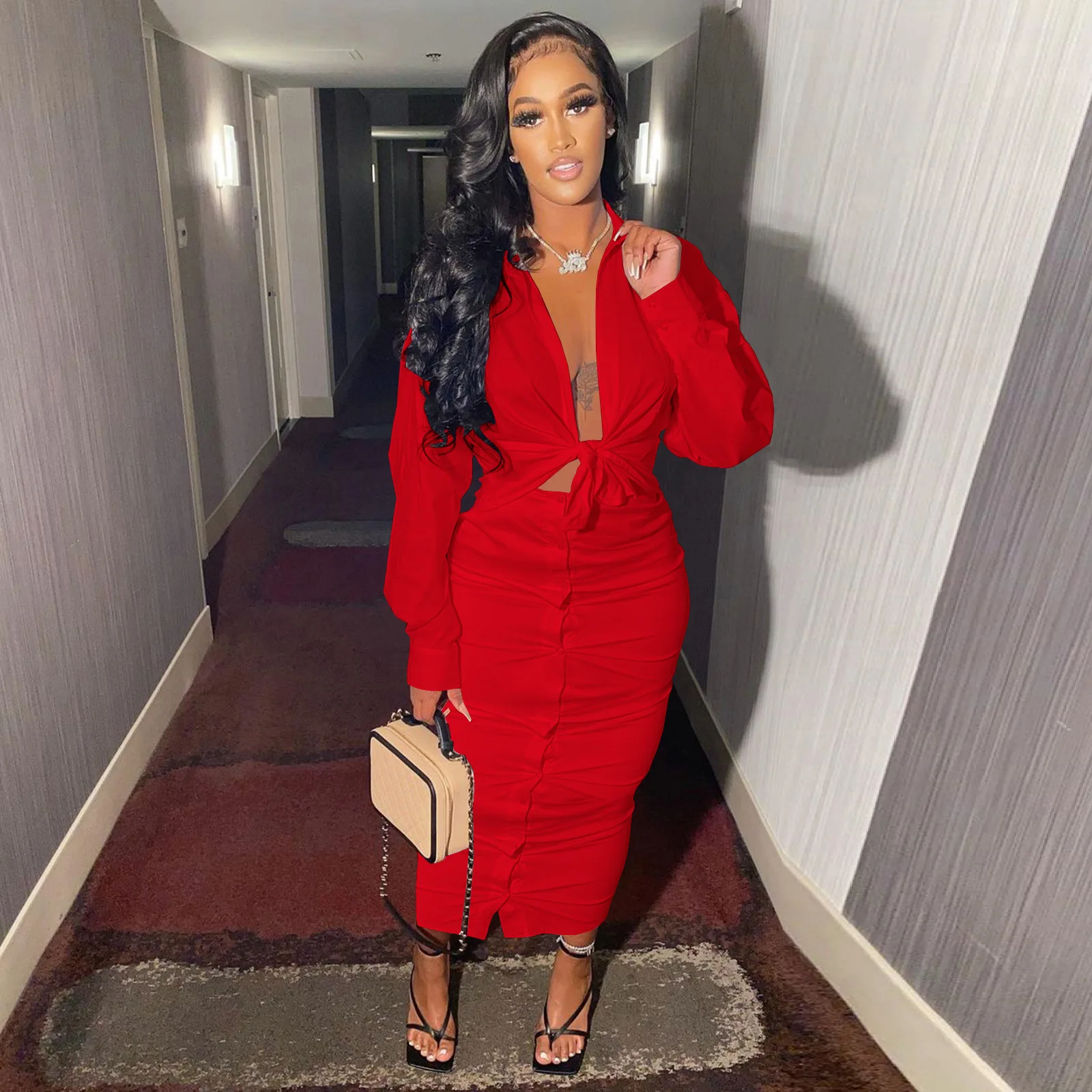 

Two Piece Set Women Fashion Commuter Shirt Tops Button Skirt Suits Office Ladies Two Piece Suits