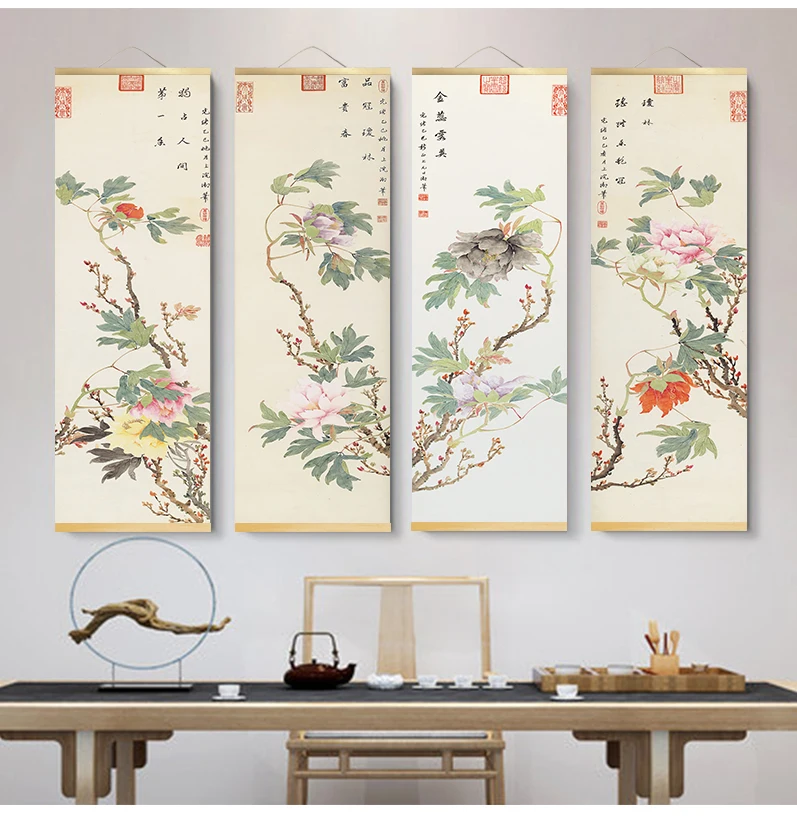 Chinese style Traditional green flowers Canvas for Living Room Wall Art Posters Solid Wood Scroll Paintings home decor |