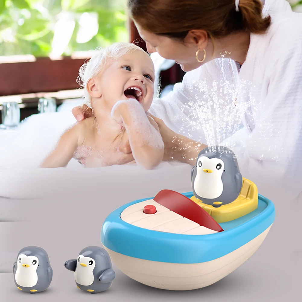 

Baby Penguin Boat Bath Toys Electric Spray Water Floating Sprinkler Bathroom Shower Game Gifts Early Education Supplies