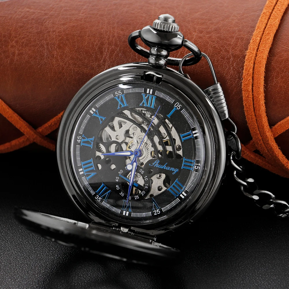 Featured Sculpture Hollow-Out Pocket Watch Robot Hand Style Steam Punk Necklace Fob Watch Chain Blue Roman Digital Clock Gift