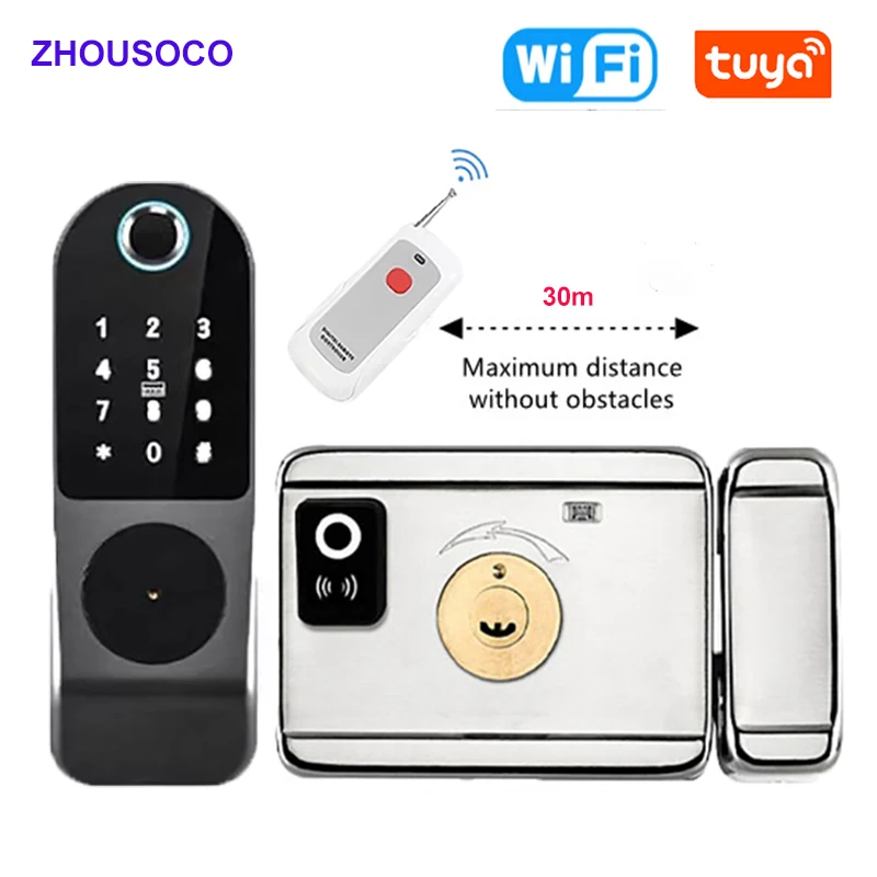 Продажа Дверной смарт-замок Tuya, водонепроницаемый двухсторонний с Wi-Fi и сканером отпечатков пальцев, с цифровой шкалой