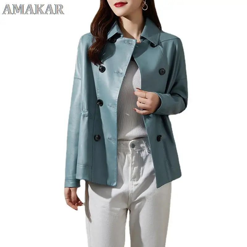 

Simple Wild Jacket Female Casual Pure Color Streetwear Short Double-breasted Lake Blue Real Sheep Leather Windbreaker Coat
