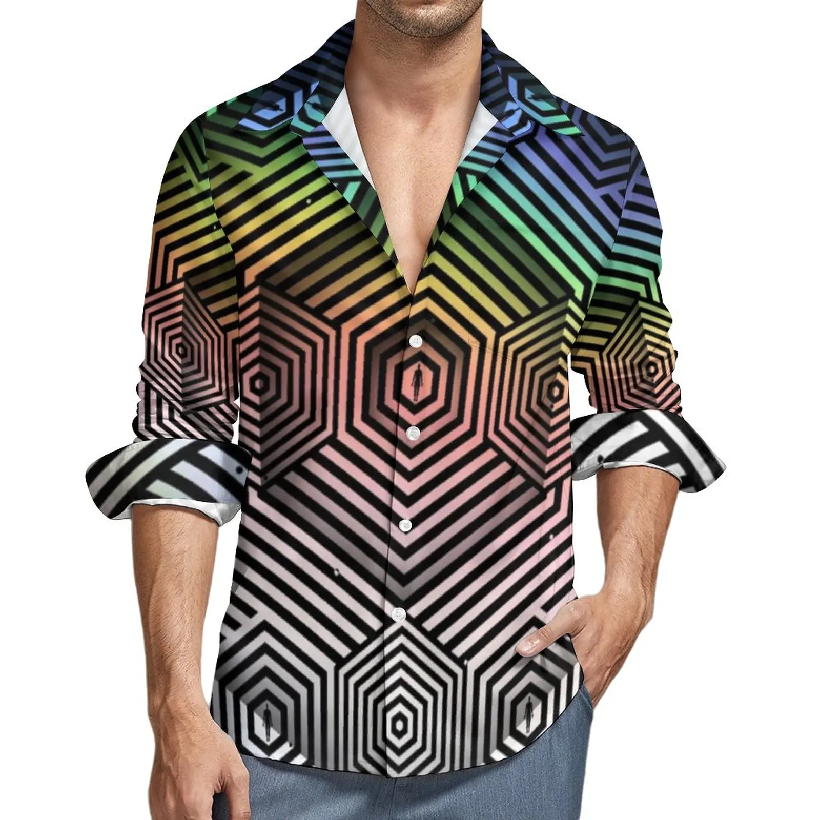 

Ombre Geometry Shirt Autumn Optical Art Casual Shirts Male Novelty Blouses Long Sleeve Design Streetwear Tops Big Size