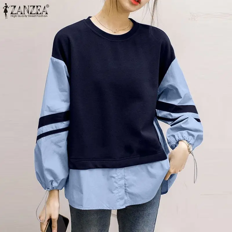 

ZANZEA Casual Women Korean Style Blouse Patchwork O Neck Shirt Spring Baggy Drawstring Chemise Oversized Office Work Tunic Tops