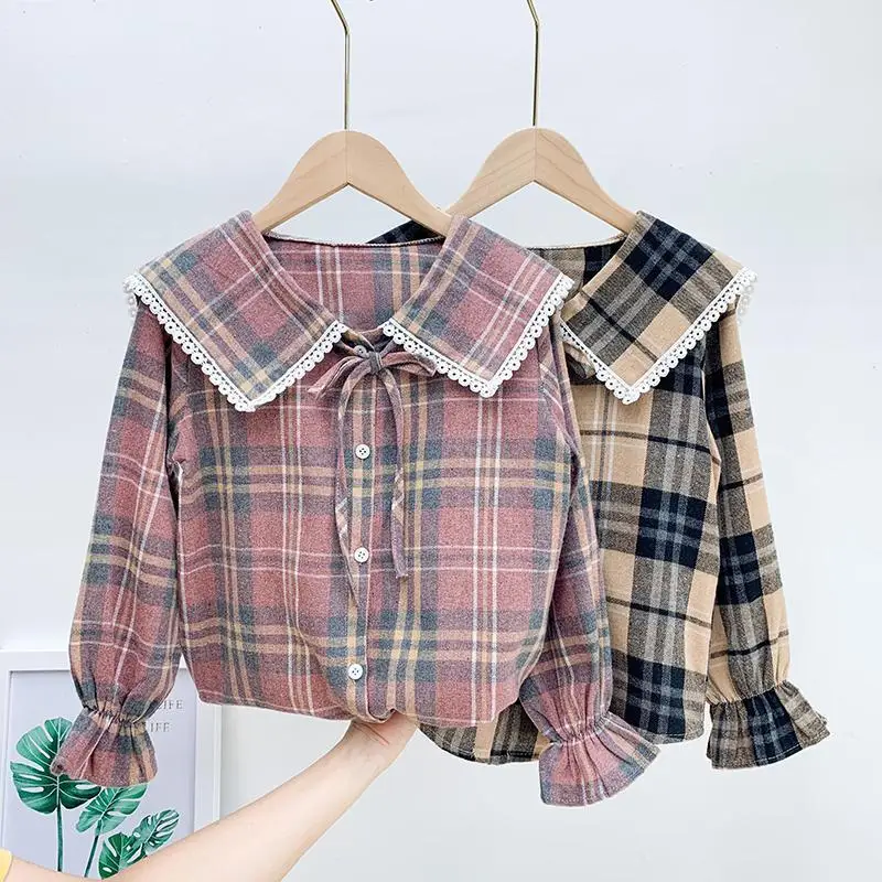 

Рубашка для девочек на весну и осень, новинка, повседневный клетчатый Топ, Детские рубашки с длинным рукавом, детская блузка