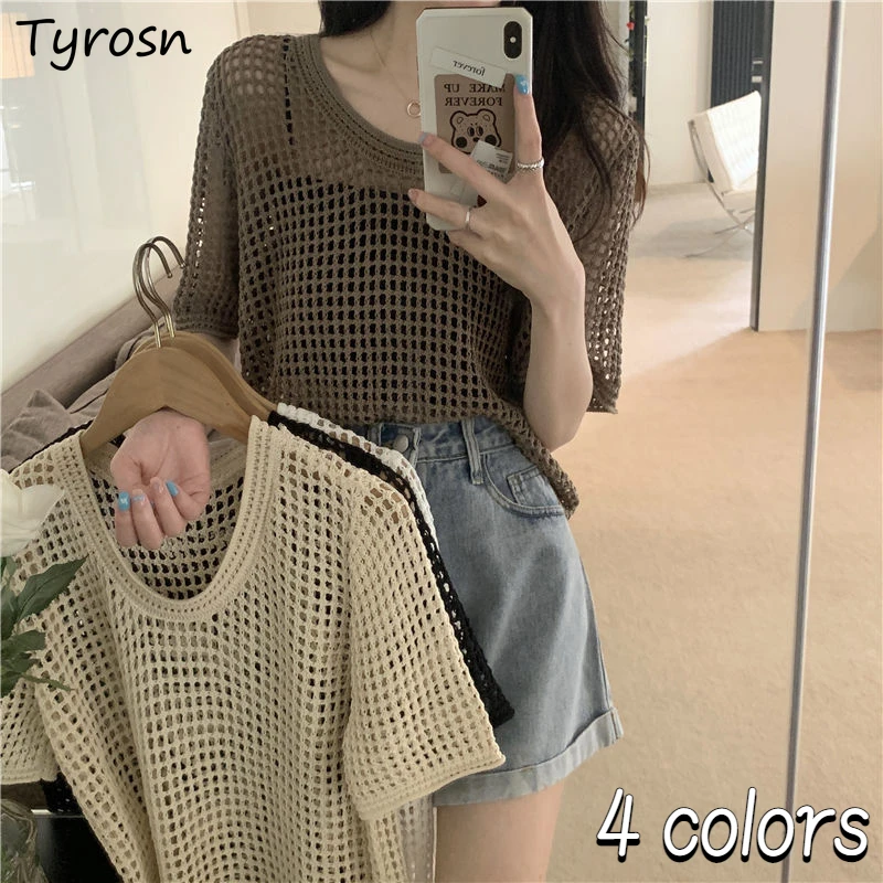 

Ажурные футболки для женщин, дышащая повседневная универсальная индивидуальная летняя ретро-футболка Ulzzang Tender, популярная женская уличная трикотажная одежда