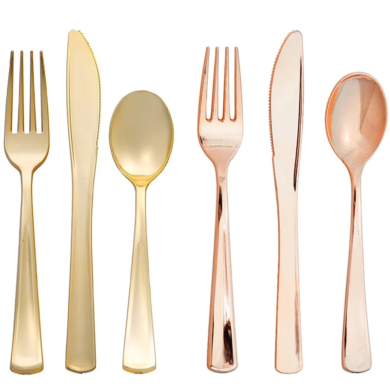 24pcs Cutlery Set Rose Gold Dinnerware Plastic Disposable Spoons Forks Knives Kitchen Western Dinner Silverware Tableware Favors