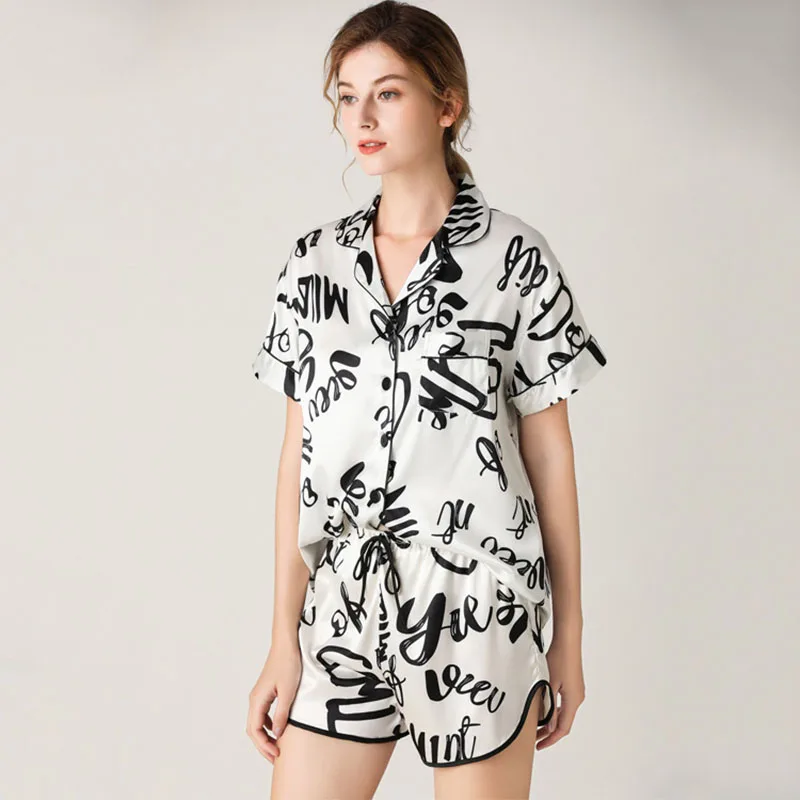 Women's Sleepwear 2 Pcs Sets Silk Printed Short Sleeve Shirt and Shorts Pajamas Set