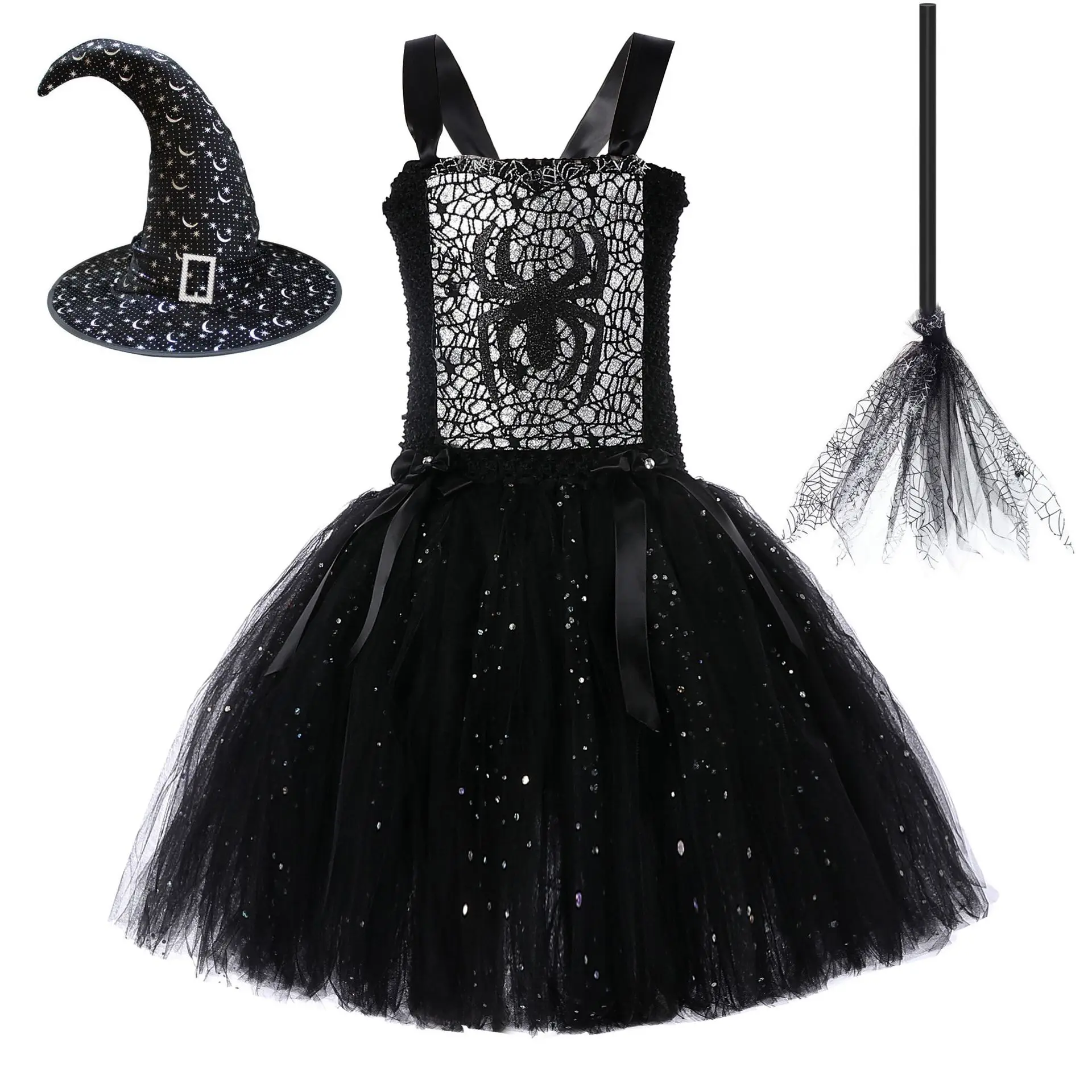 

European and American Halloween New Witch Spider Skirt Black Paillette Tulle Skirt Vicious Witch Dress for Free Witch Hat