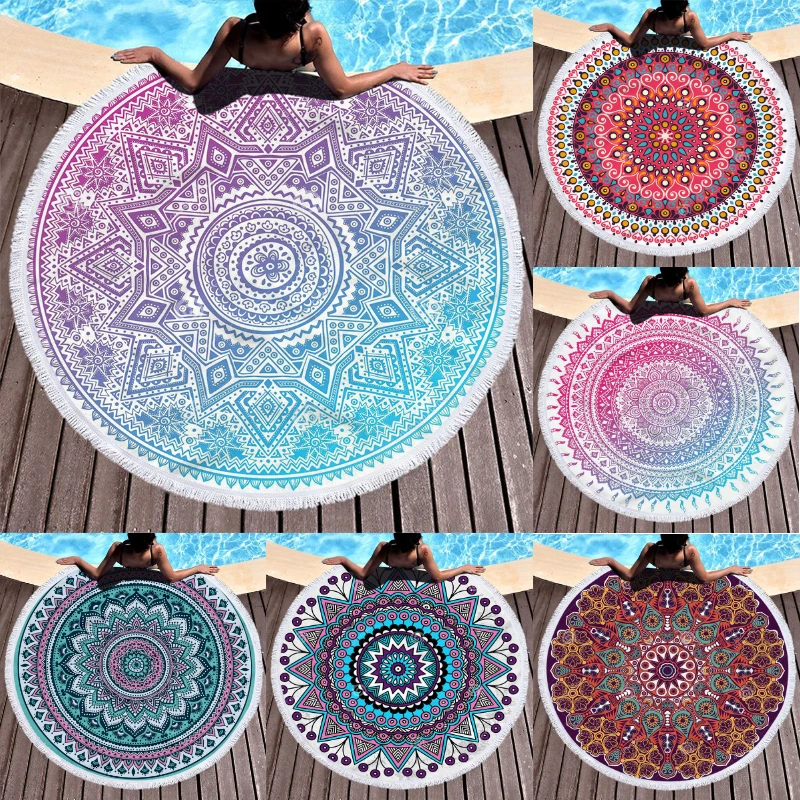 

150cm Mandala Beach Towel Pattern Round Print Beach Towel Microfiber Plus Fringe Mandala Blanket