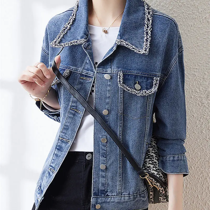 

Women 2022 Spring Autumn Denim Jacket New Female Fashion Solid Color Loose All-match Coat Lady Lapel Casual Clothing Jackets S66