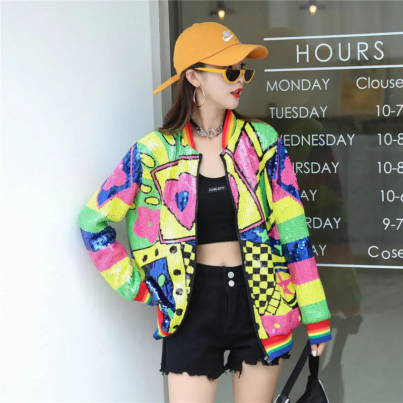 

URIOR New Spring Women Geometric Sequined Baseball Jacket Hit Color Zipper Loose Coat Long Sleeve Striped Jacket Sweatshirt Tops