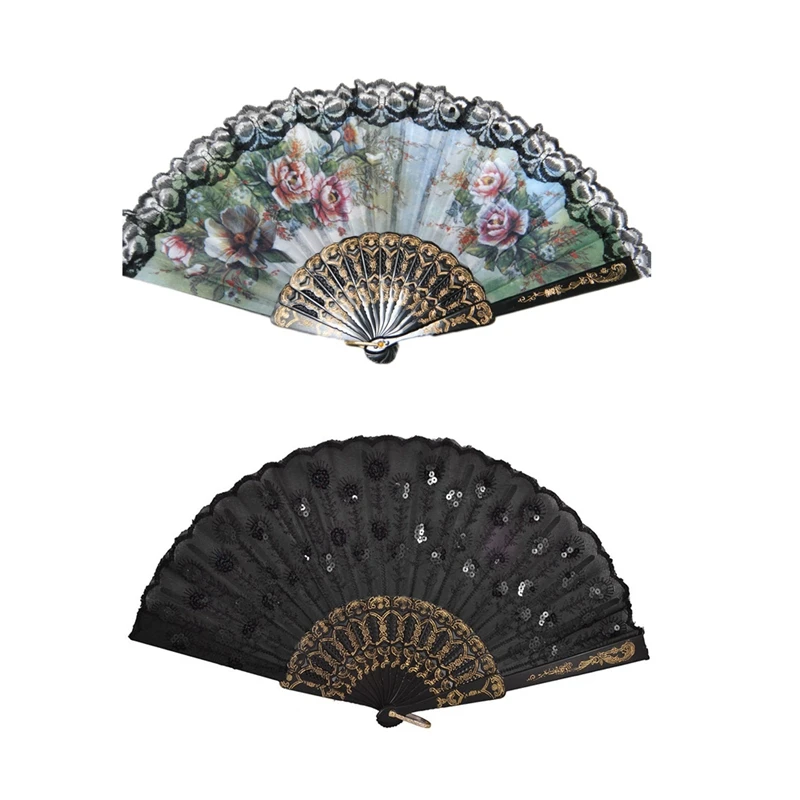 

Черная пластиковая рамка Вышивка цветочные детали складной Ручной Веер и Испанский Стиль Ручной Веер декоративный дизайн-FS-PHFU