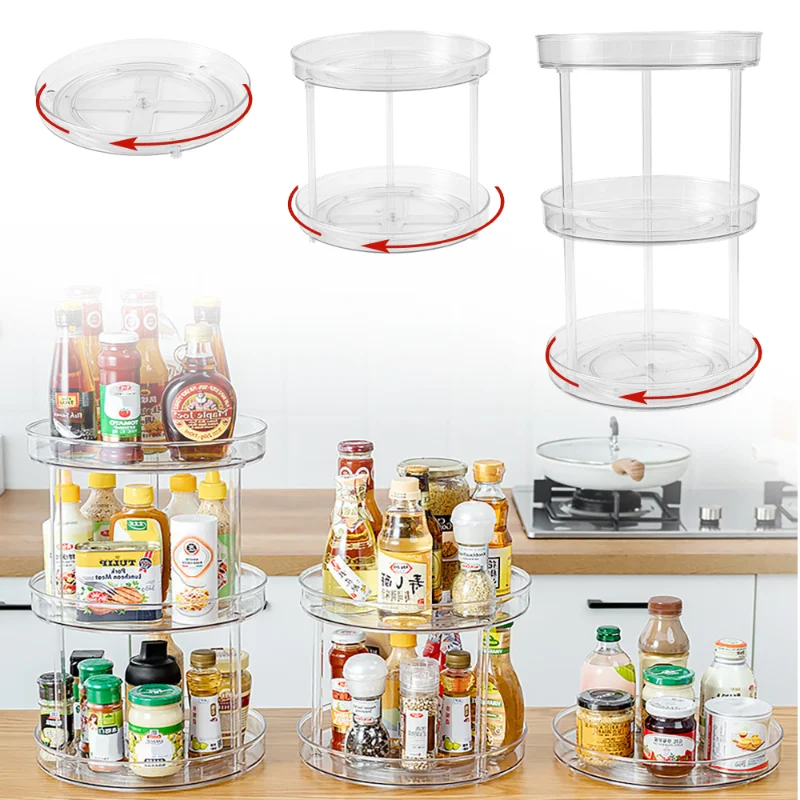 

360 degree rotatable Condiment storage rack Spices Condiments Holder Tray Shelves Fridge Kitchen Accessories Storage Organizer