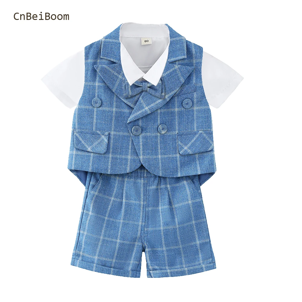 Children's Formal Vest Suit Set Boy Summer Wedding Baby's First Birthday Piano Performance Costume Kids Waistcoat Shorts Clothes