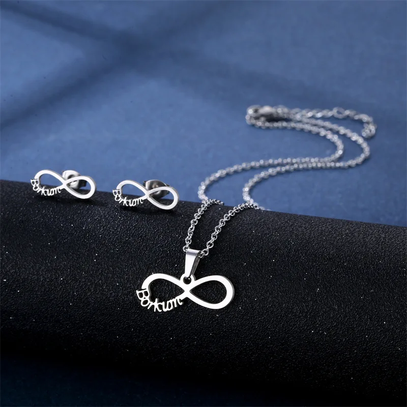 

Stainless Steel Silver Color Infinite Love Pendant Chain Necklace Stud Earring for Women Party Birthday Fashion Jewelry Set Gift