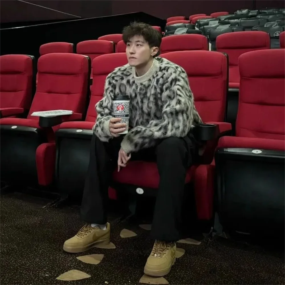 Американский ретро цветной леопардовый свитер с круглым вырезом мужской нишевый