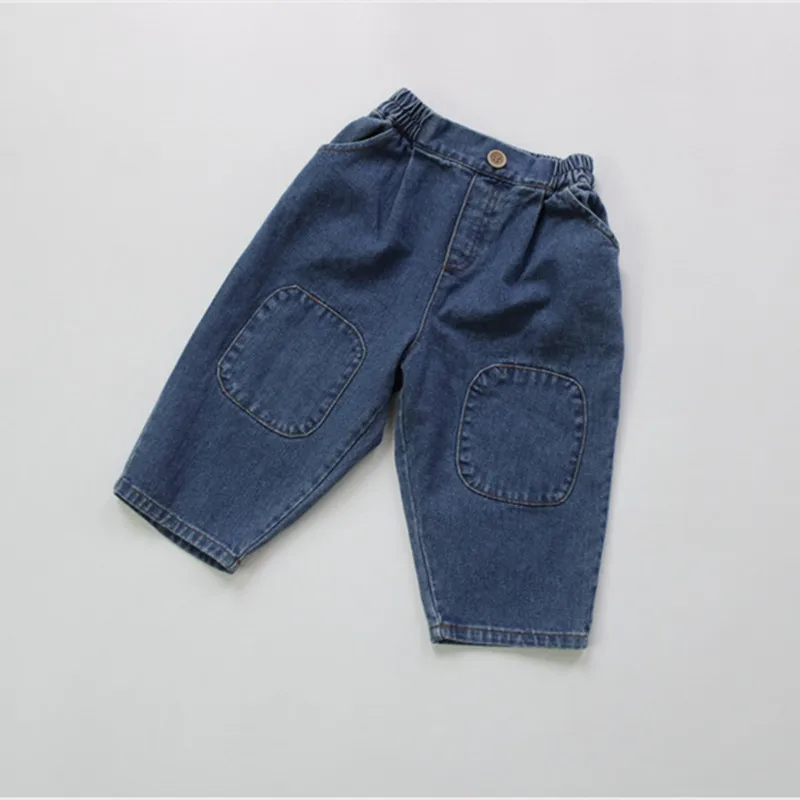 

2022 spring autumn boys and girls retro style patch denim trousers children loose all-match jeans