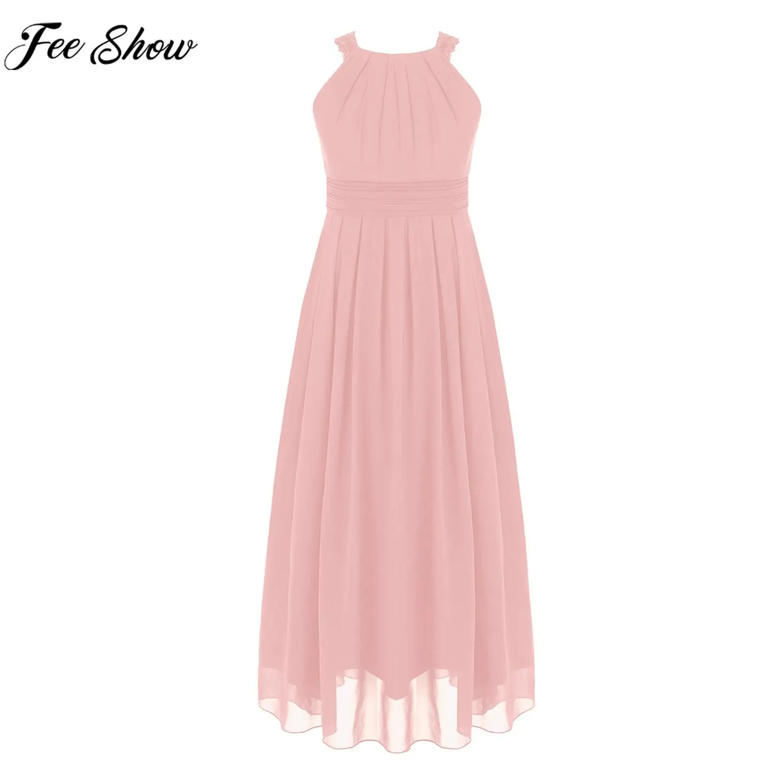 

Girls Floor-length Princess Dress Sleeveless Ruched High Waist Lace Chiffon Wedding Bridesmaid Flower Girls Birthday Party Dress