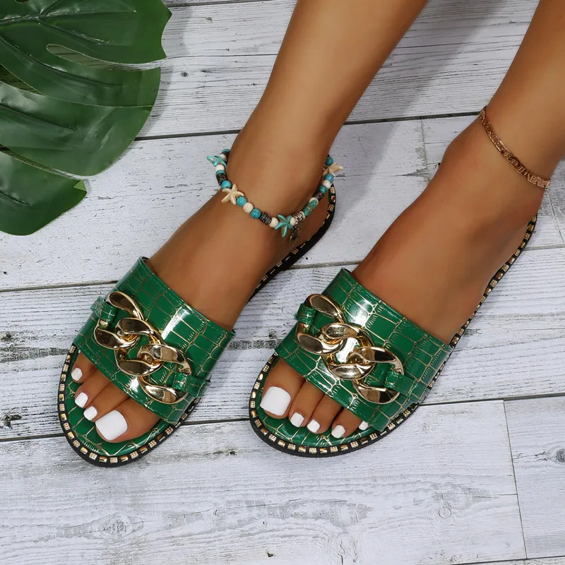 Women's Slippers 2022 Summer Classic Flat Bottom Metal Chain Design Flip Flops Outdoor Leisure Beach Open Toe Roman Flip Flops 6