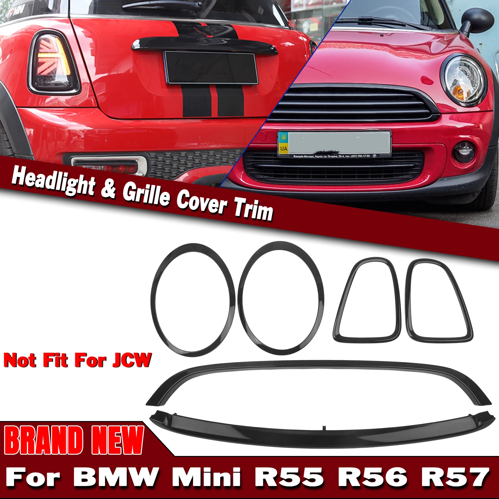 

For MINI COOPER R55/R56/R57 Base Model Glossy Black Front Head Lamp+Rear Light Cover Frame+Grille Grill Rim Strip Trim Clip On