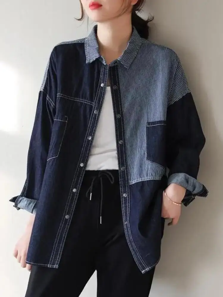 

Jackets for Women 2023 Spring Autumn New Lapel Long Sleeve Stripe Denim Coat Vintage Clothing Streetwear Ladies Tops Women Coats