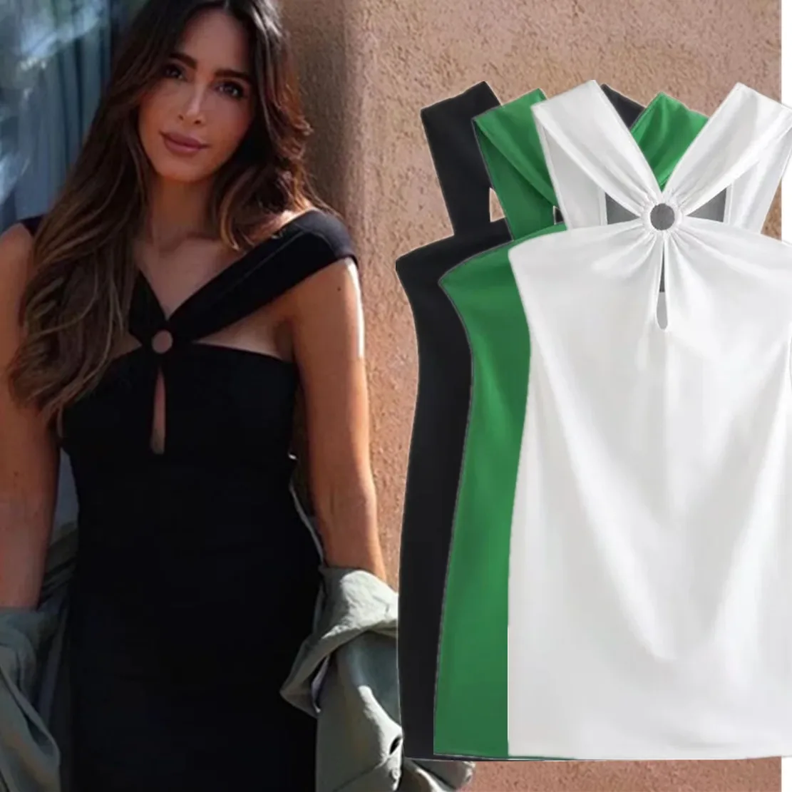 

Модное винтажное платье-футляр в стиле блогера Dave & Di Ins с пряжкой-кольцом, разноцветное сексуальное мини-платье с вырезами для вечеринки для...