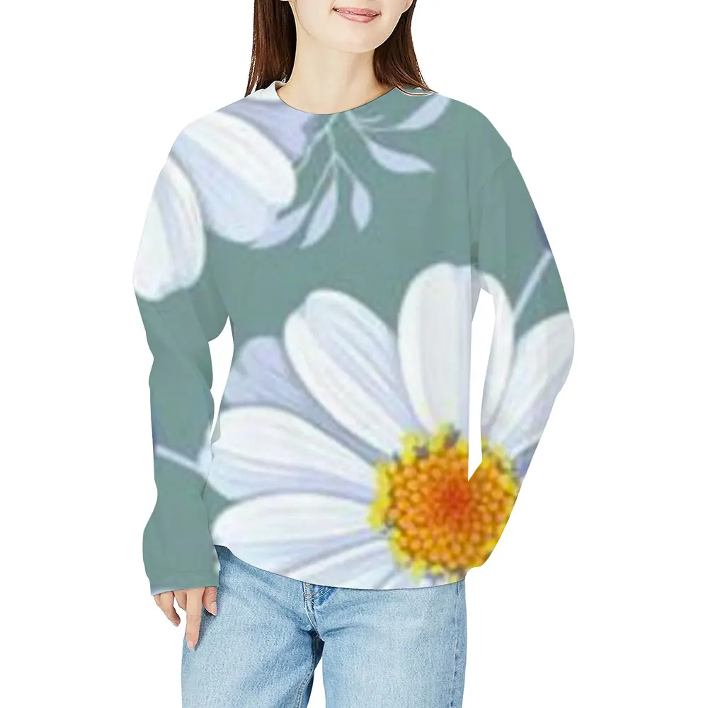 

MCDV Female Long Sleeve Flower T-Shirt For Women Autumn Winter Clothing Loose Fashion T-Shirt 3d Floral Print Round Neck Top