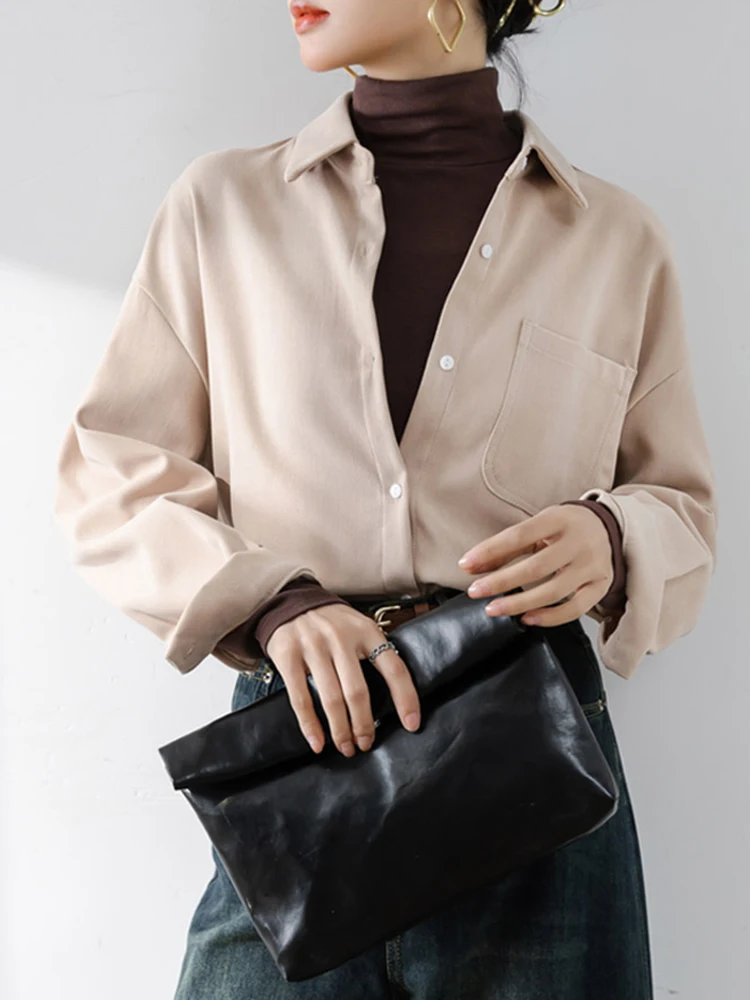 Вельветовая рубашка в стиле ретро женская однобортная блузка с отложным