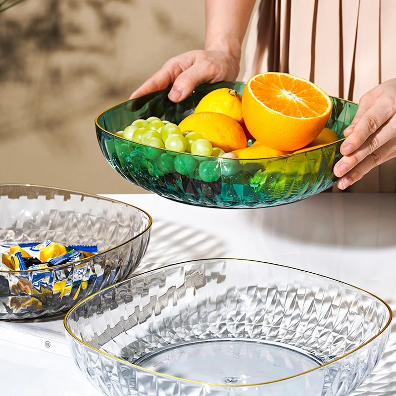 

European Style Light Luxury Transparent Fruit Plate With Golden Border Morden Simple Desketop Fruit Snack Candy Storage Tray