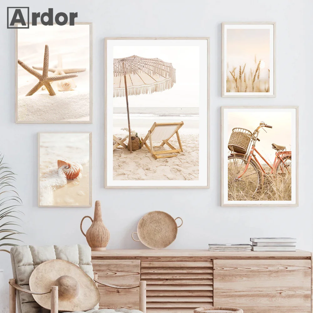 

Beige Beach Starfish Shell Art Canvas Painting Wheat Reed Scenery Poster Nordic Modern Print Wall Picture Living Room Home Decor