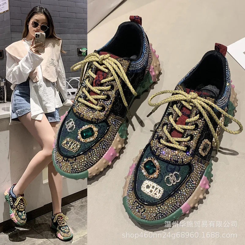 

Fashion Low Top Rhinestone Durian Shoes Women's New Flat Single Shoes Set Diamond Daddy Shoes Women Casual Sneakers