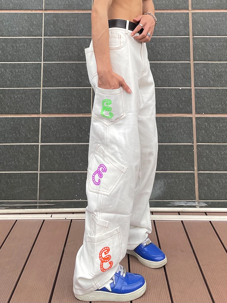 Hip-hop Design Letter Embroidery Y2k Jeans Men and Women's Same Style Straight Loose Wide-leg Workwear Casual Pants Ins Hot Sale