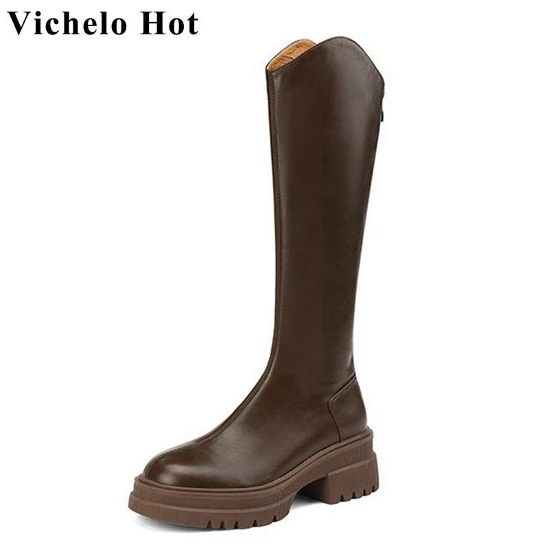 

Vichelo Hot New Microfiber Round Toe Thick High Heels Riding Boots Platform Big Size 42 Thin Leg Zipper Vintage Thigh High Boots