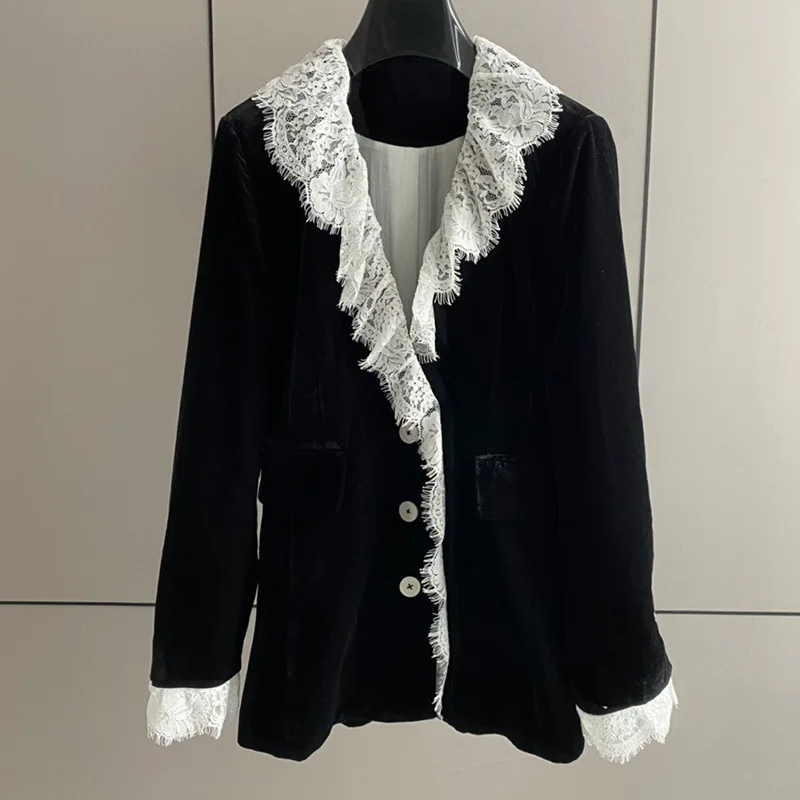 

22 Autumn Runway Black Velvet Blazer Women Elegant Lace Lapel Single Breasted Jacket Vintage High Quality Lady Office Suit Tops