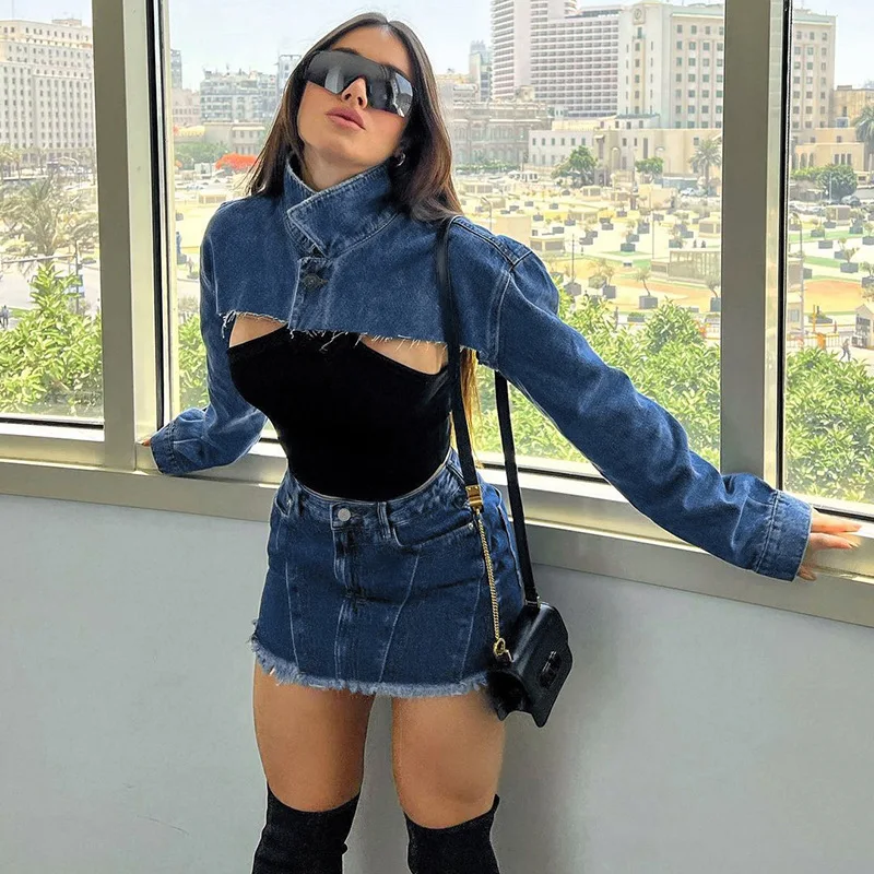 

Women Denim Cropped Coat Full Sleeve Turn Down Collar One Button jackets for women 2022 calça jeans feminina jeans jacket women
