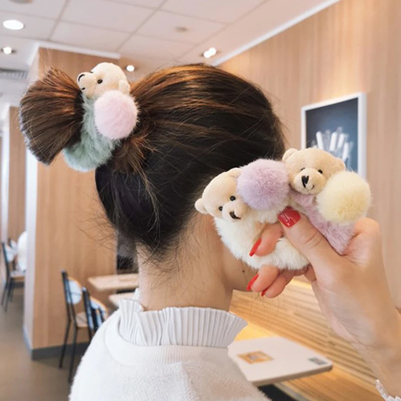

Cute Bear Furry Elastic Hair Bands Korean Lovely Colorful Headbands Rope Tie Holder For Women Girls Fur Hair Accessories