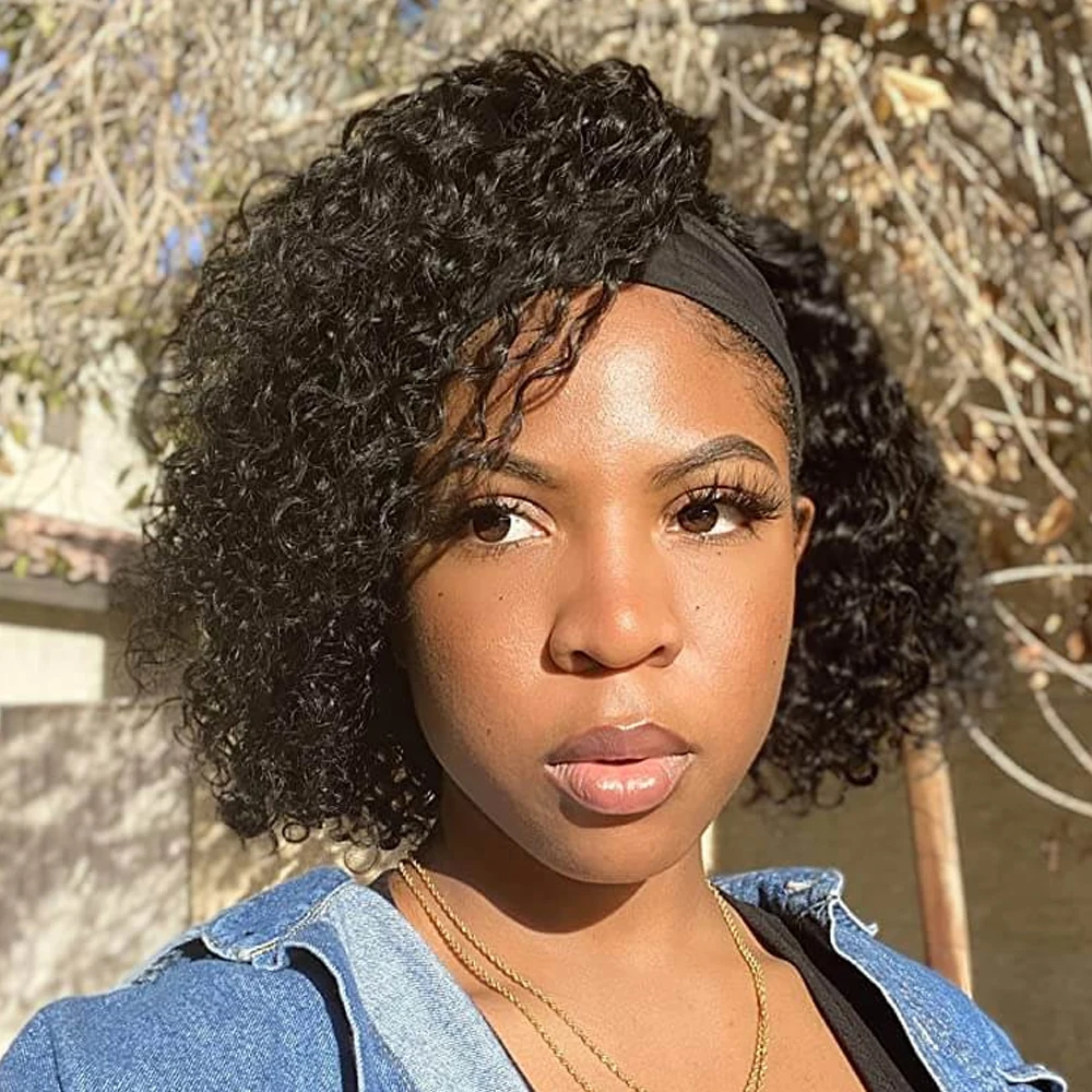 

Short Curly Bob Headband Human Hair Wigs Natural Black Color 180% Density Brazilian Remy Hair Glueless Water Wave Human Hair Wig