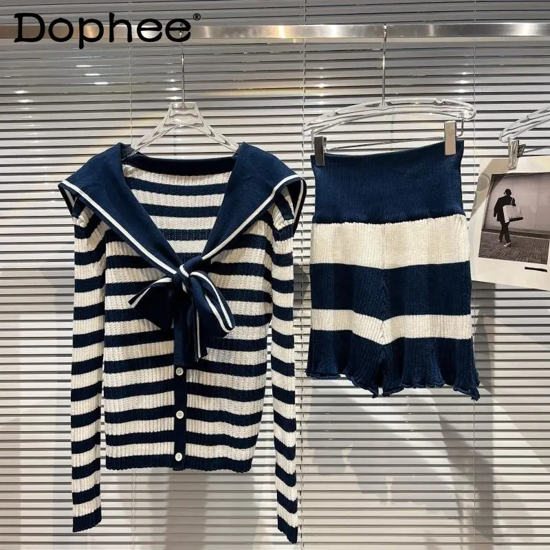 

Осень 2022, вязаный свитер с бантом и матросским воротником, Женский комплект из двух предметов в полоску с высокой талией