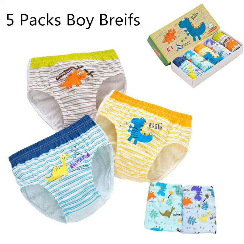 

5Packs Kids Boys Cotton Soft Cartoon Dinosaur Panties Boxer Briefs Washable Underwear Briefs Panties Toddler Boys Underwear