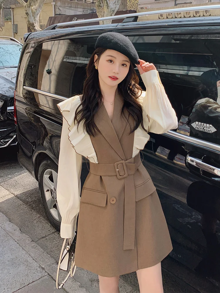 Vintage Casual Notched Belt Blazer Mini Bodycon Dress for Women Loose Fashion Korea Evening Dresses Elegant Autumn 2022 Clothing