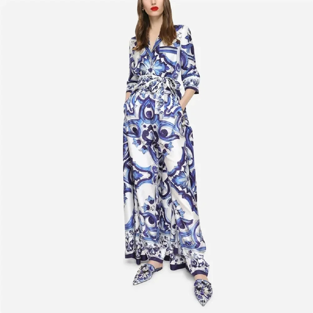 

traf 2023 woman long dress satin 3D blue and white porcelain loose casual women's long dress y2k clothes new fashion belt skirt
