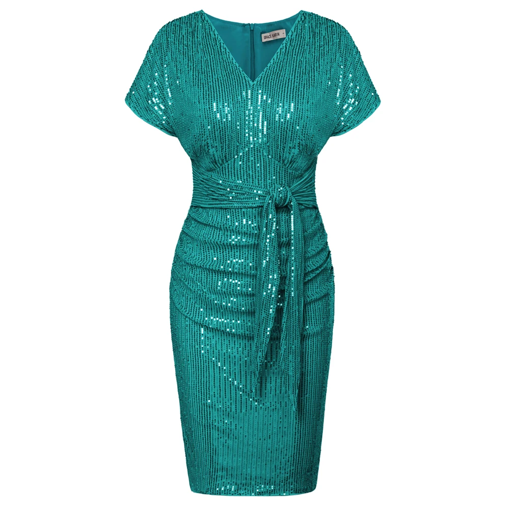 Женское облегающее платье с коротким рукавом V-образным вырезом и рюшами