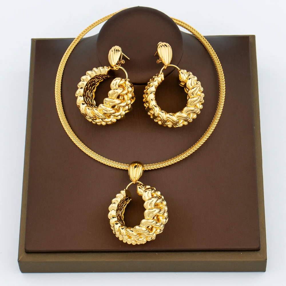 

Earrings and Pendant Jewelry Set for Women Dubai Gold Plated Unusual Earrings and Necklace Jewelry Set for Party Daily Wear Gift