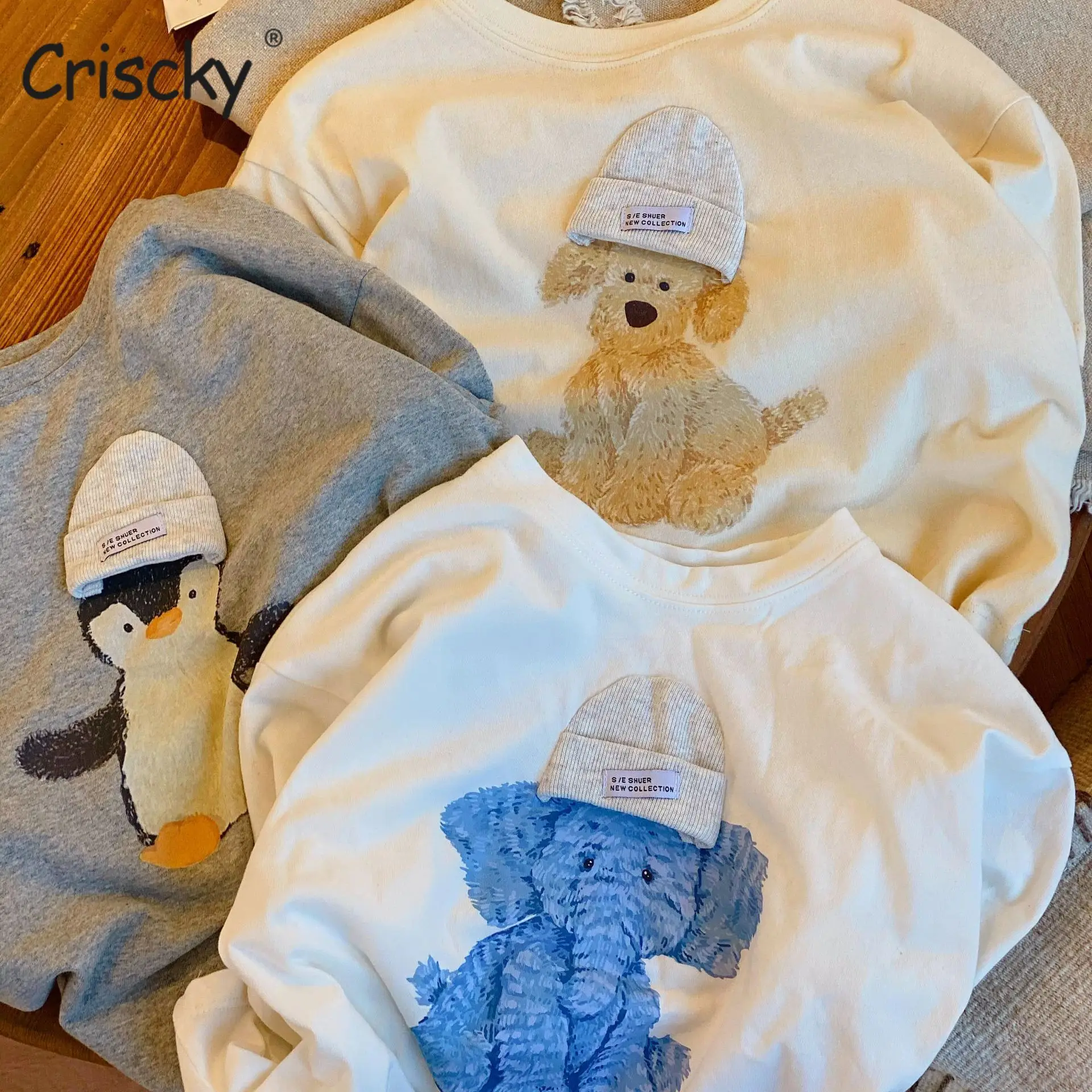 

Criscky boys tees autumn long sleeve Korean loose animal print tops children's T-shirts all-match bottoming girl shirts