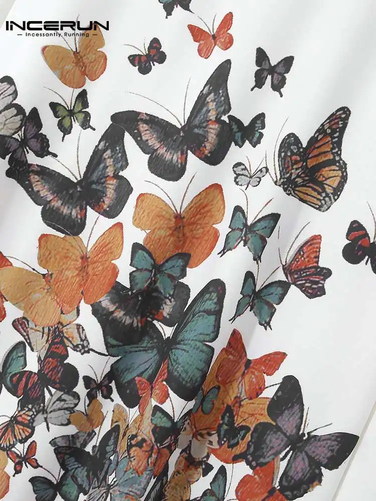 Muslim Style Fashion Men's Long Sleeve Jubba Thobe Butterfly Printed Casual Hot Sale Muslim Kaftan Long Abaya INCERUN 2022 S-5XL